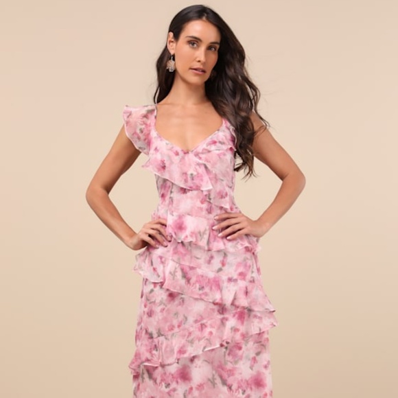 New Lulus Evangeline Backless Pink Floral Ruffled Maxi Dress - Size M - Picture 4 of 5
